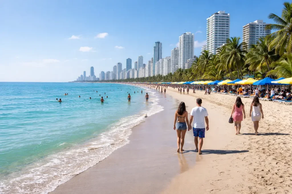 Bocagrande Beach shoreline with people walking and beach chairs