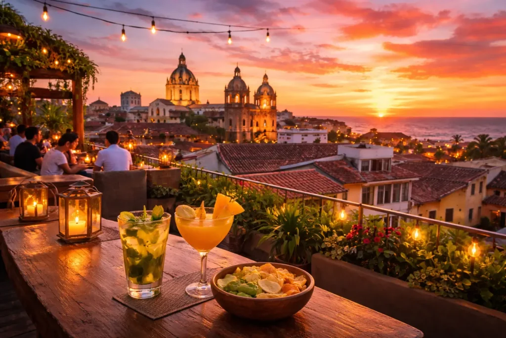 Sunset rooftop bar view over Cartagena