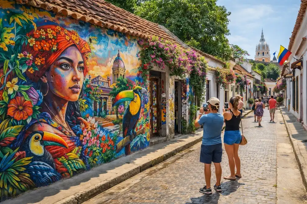 Colorful street art mural in Getsemaní with travelers taking photos