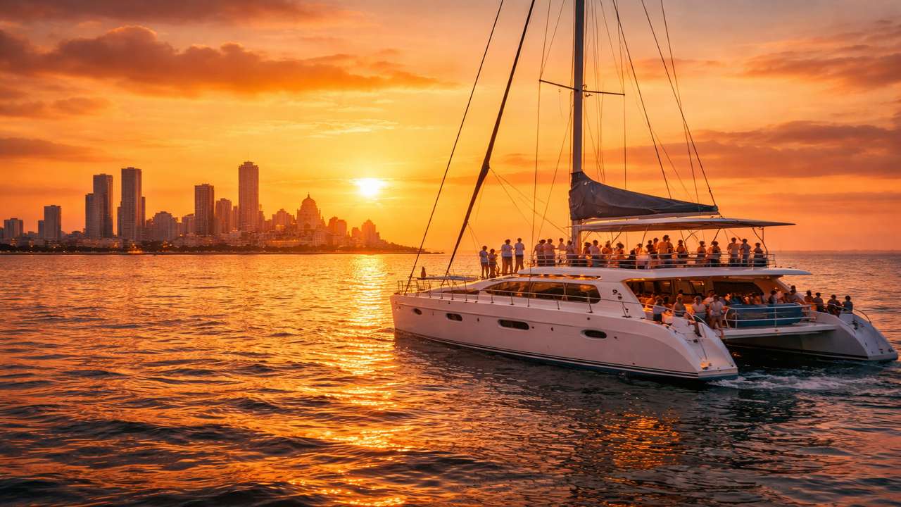 Sunset cruise in Cartagena Bay at night with skyline views