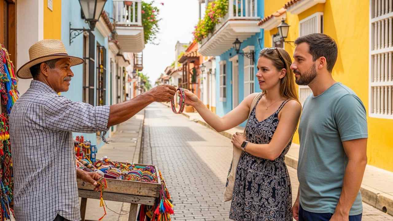 Street vendor offering bracelet to tourist in Cartagena