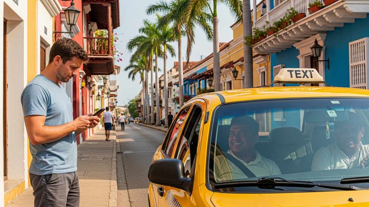 Tourist using ride app before entering taxi in Cartagena