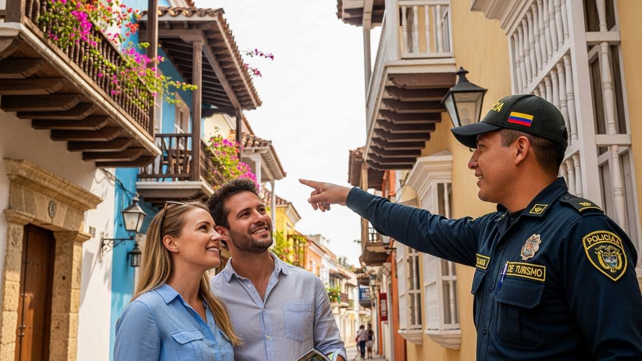 Tourist police officer assisting travelers in Cartagena
