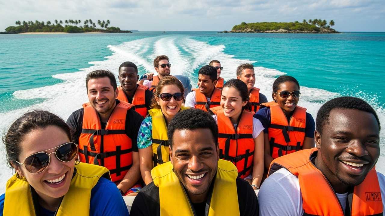 Tourists wearing life jackets on boat tour to Rosario Islands