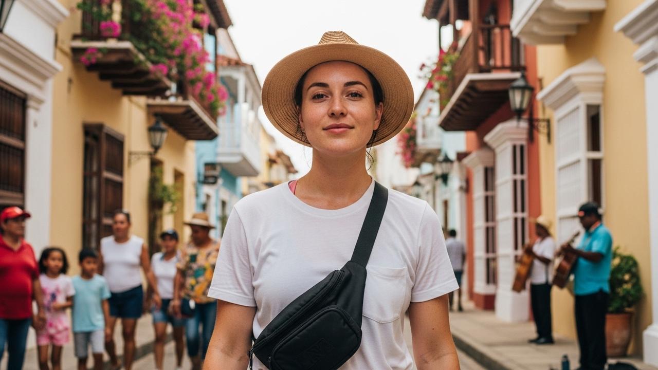 Solo female traveler walking confidently in Cartagena Old Town