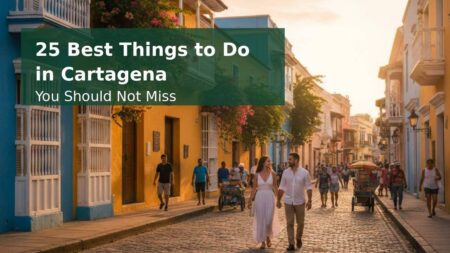 Couple walking in Cartagena Walled City at sunset