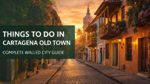 Colorful colonial street in Cartagena Old Town at sunset