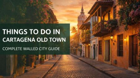 Colorful colonial street in Cartagena Old Town at sunset