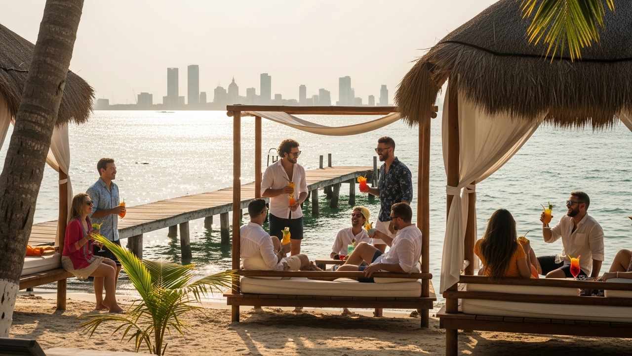 Tierra Bomba beach club day trip from Cartagena with travelers relaxing