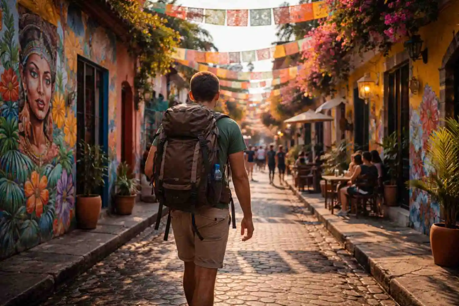 Backpacker walking through colorful Getsemani neighborhood in Cartagena Colombia