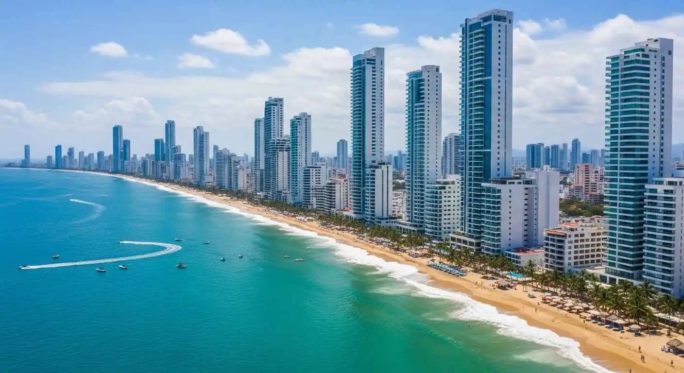 Bocagrande skyline with beachfront hotels and Caribbean Sea in Cartagena.