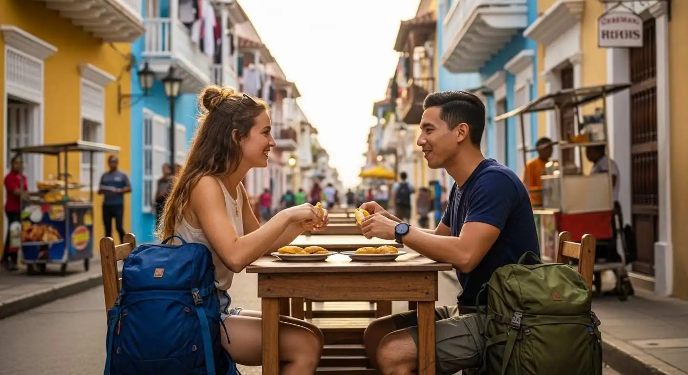 budget travelers eating cheap street food in cartagena