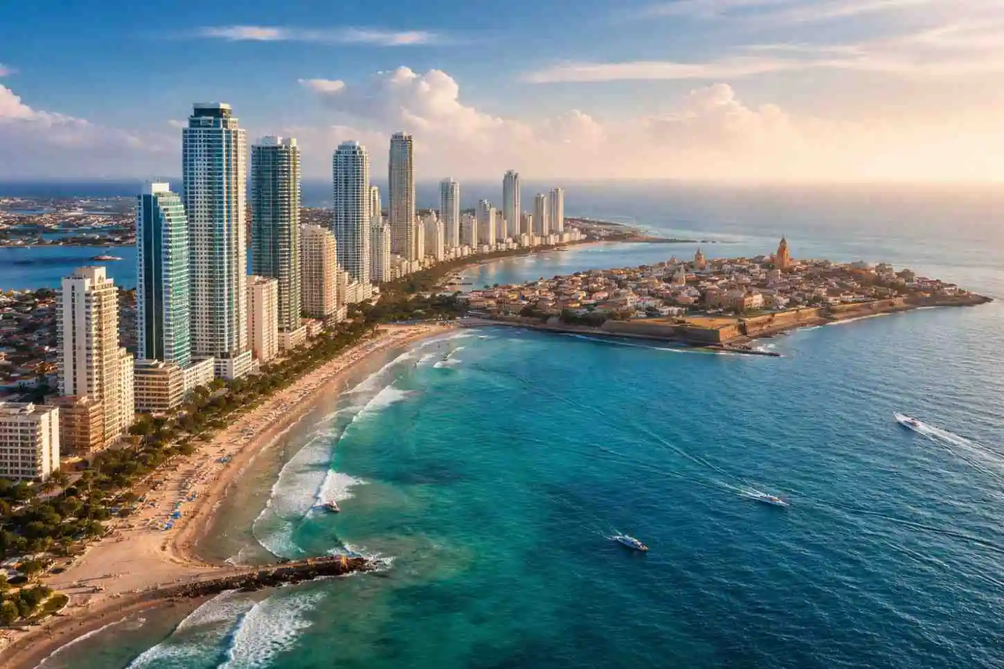 Bocagrande skyline in Cartagena Colombia with beach and modern hotels