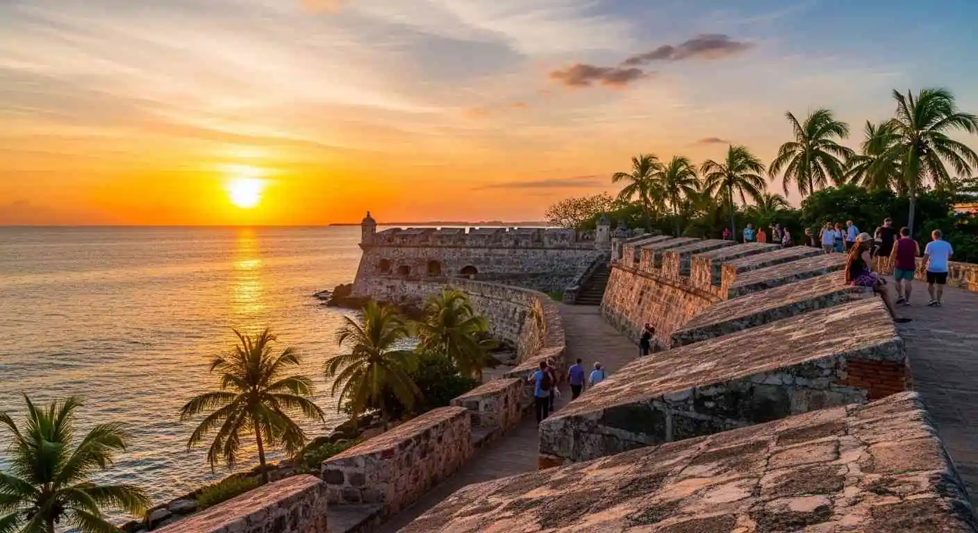 sunset view from Cartagena historic city walls overlooking Caribbean sea