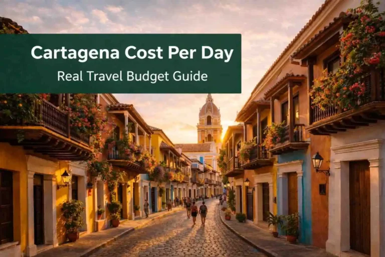 Colorful colonial street in Old Town Cartagena Colombia showing travel destination atmosphere