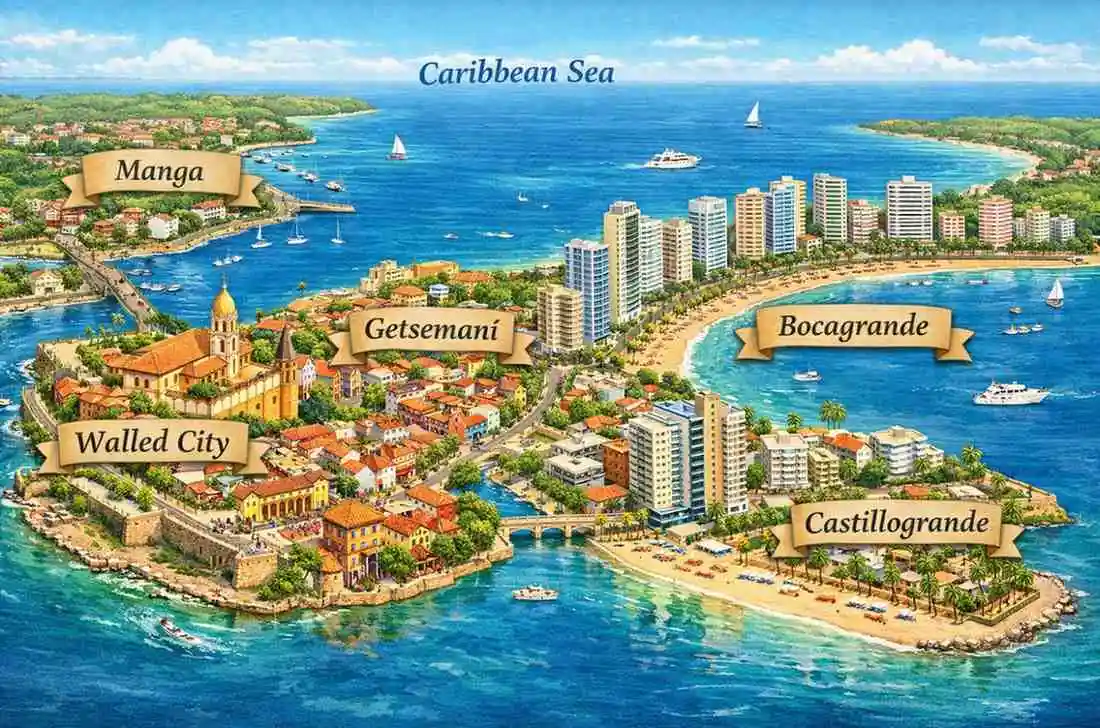 Map showing Cartagena neighborhoods including Walled City Getsemani Bocagrande and Castillogrande.