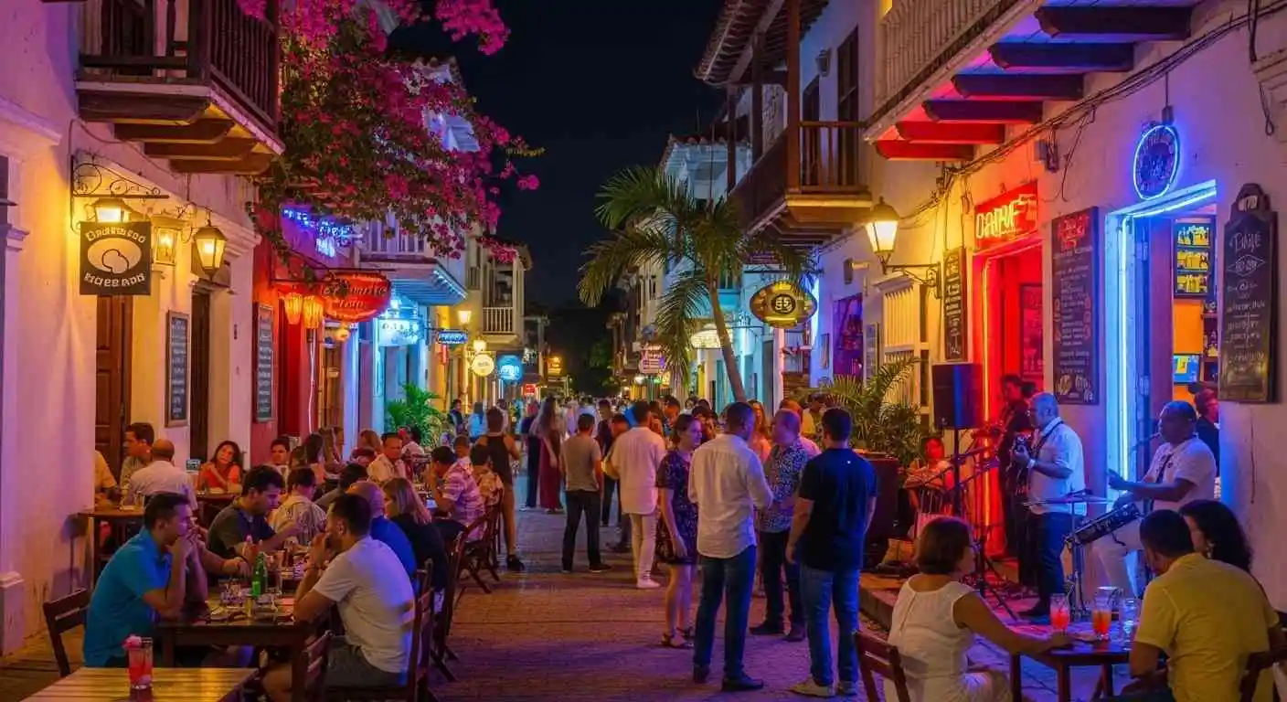 Nightlife scene in Getsemani Cartagena with bars and lights