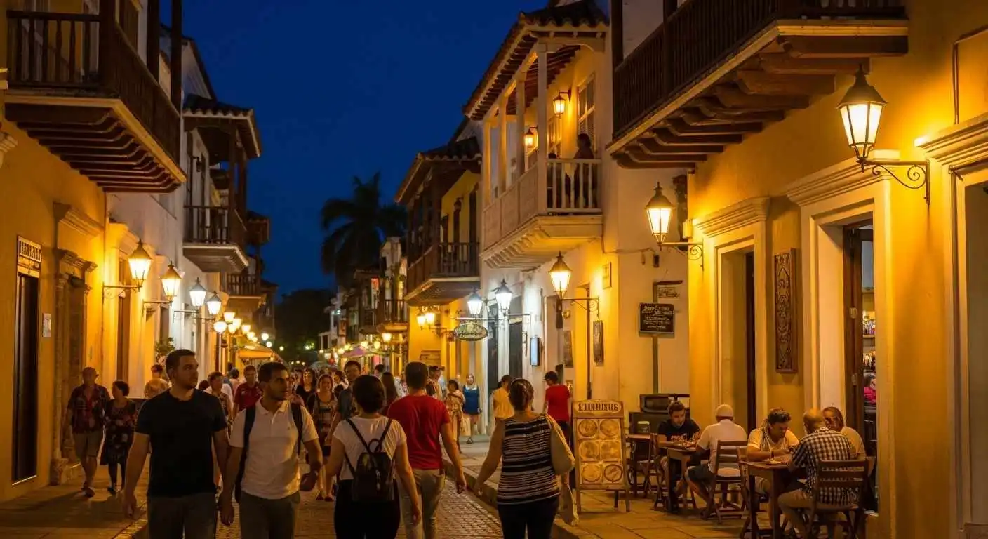 evening street scene in Cartagena Old Town with restaurants and lights