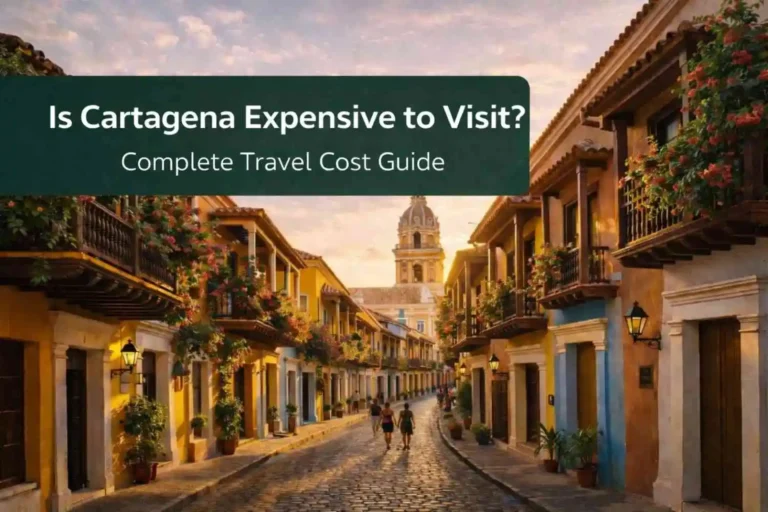 colorful street in Cartagena Old Town Colombia with colonial buildings and balconies