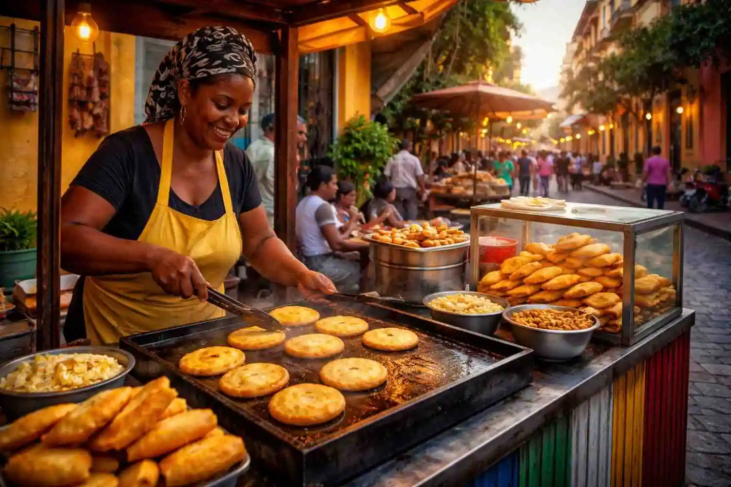street food vendor selling arepas in Cartagena Colombia