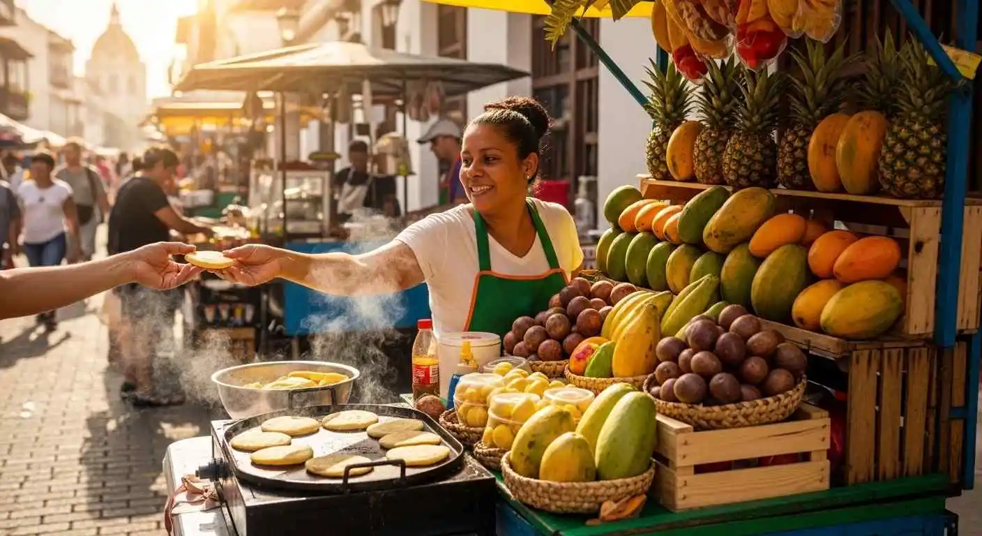 Street food vendor selling arepas in Cartagena Colombia