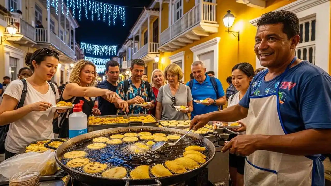 cartagena street food vendor cooking empanadas and arepa de huevo