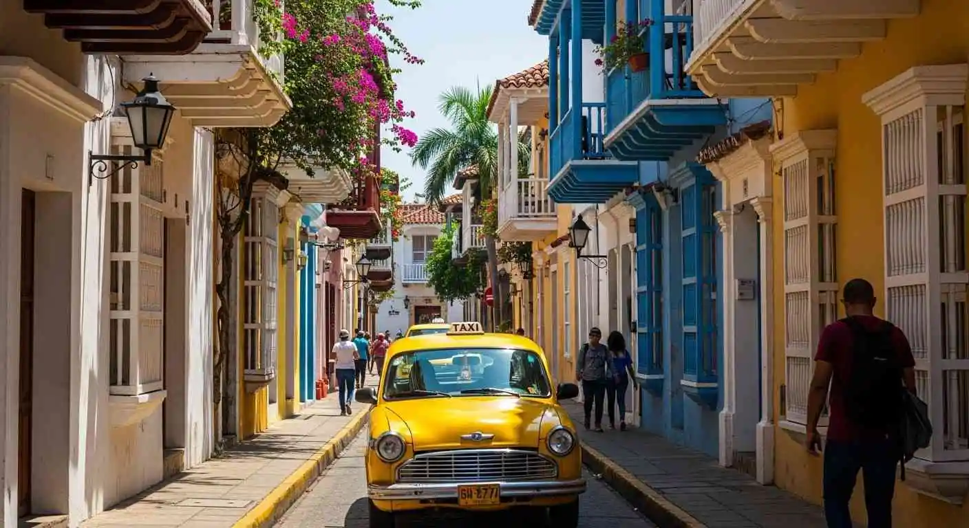 Yellow taxi driving through Old Town Cartagena street