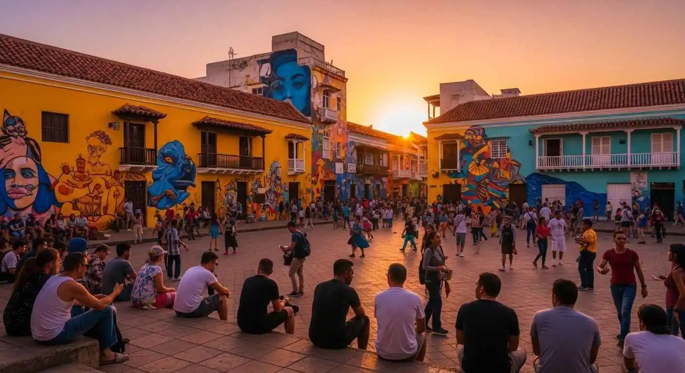 Plaza de la Trinidad in Getsemani Cartagena with street art and travelers.