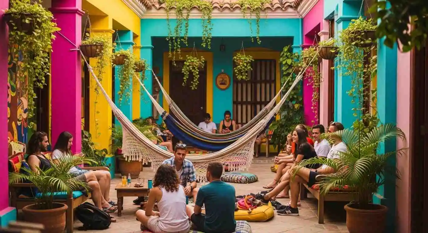 colorful hostel courtyard in Getsemani Cartagena Colombia