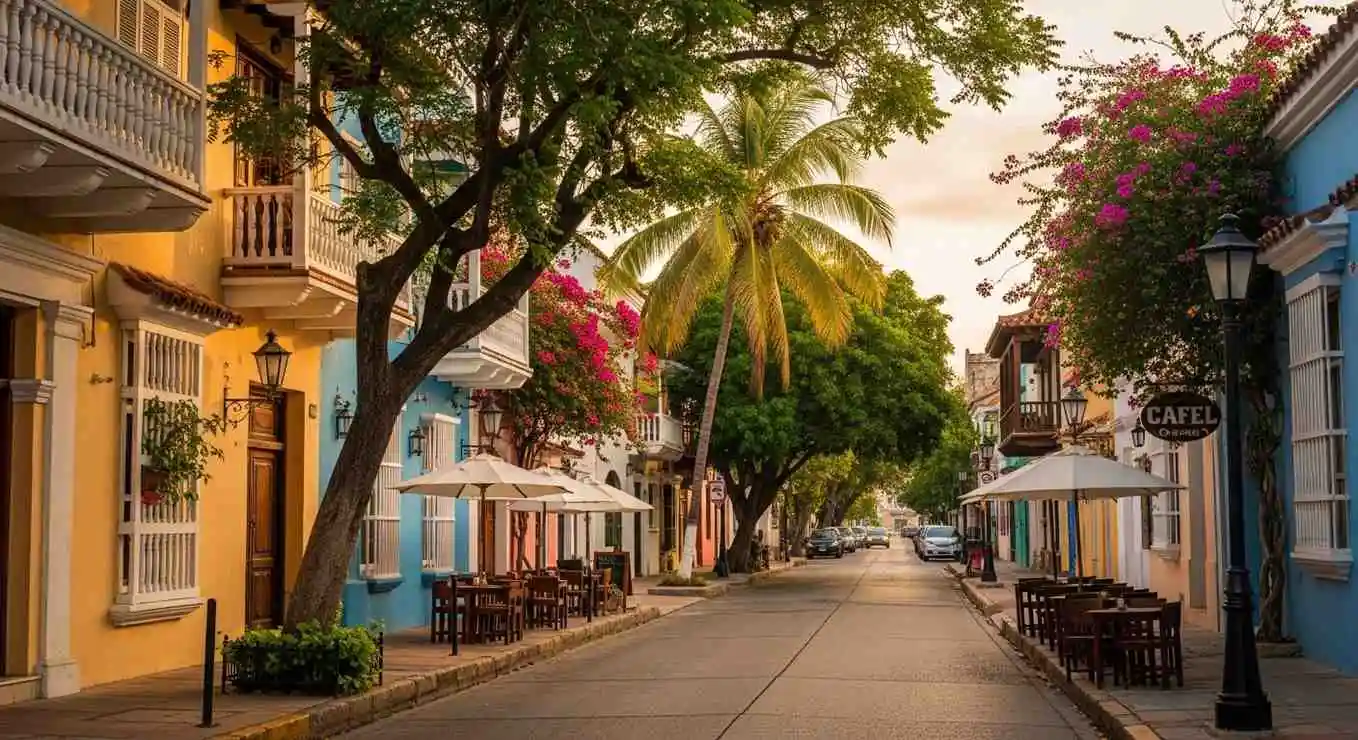 Tree lined residential street in Manga Cartagena with colonial houses.