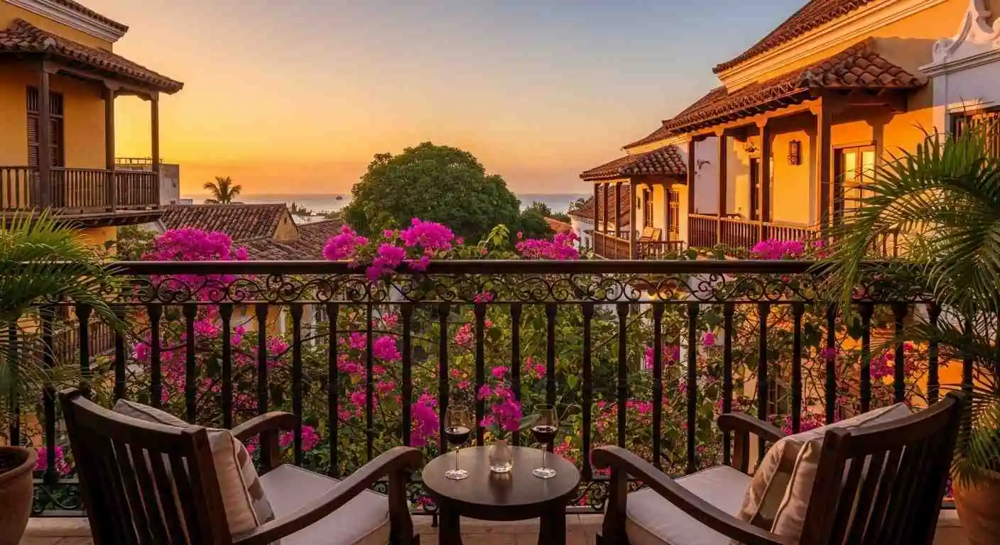 Boutique hotel balcony in Old Town Cartagena with colonial architecture