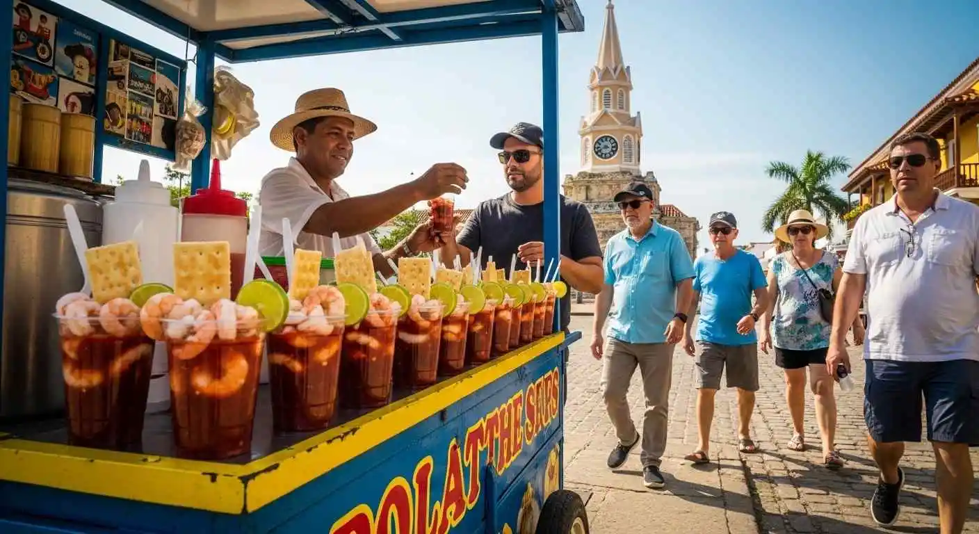 cartagena shrimp cocktail street vendor near clock tower