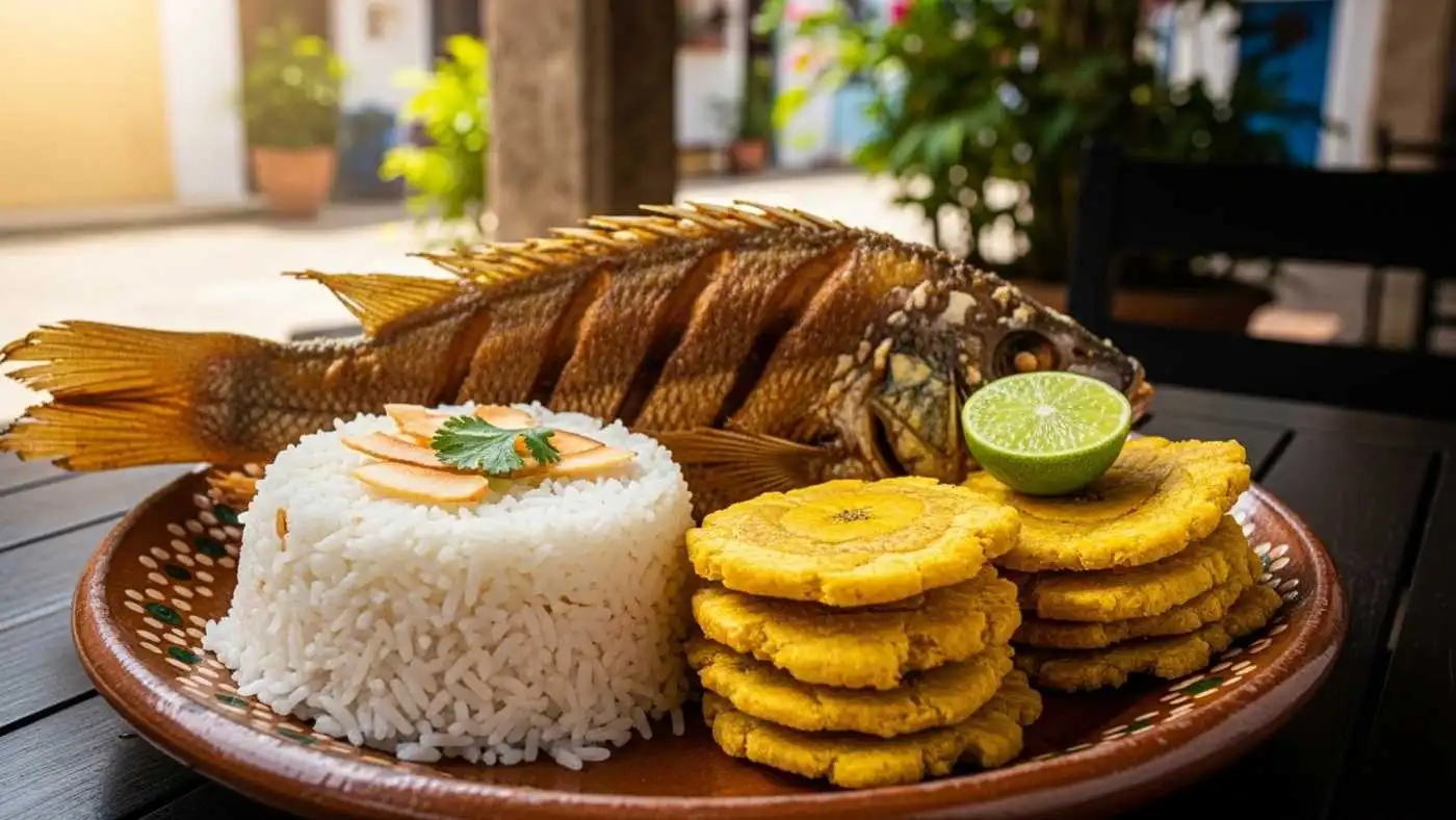 traditional cartagena food with fried fish coconut rice and patacones