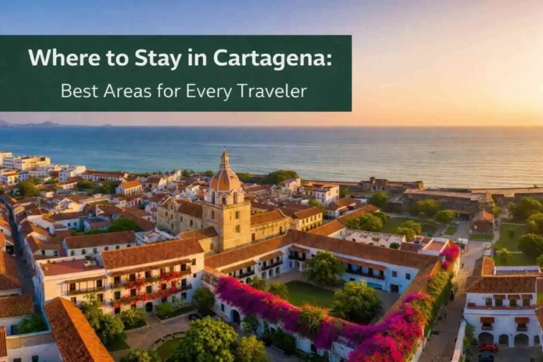 Aerial view of Cartagena Walled City showing colorful colonial buildings and the Caribbean coast.