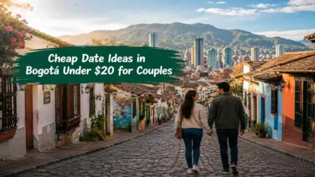Cheap Date Ideas in Bogotá Under $20 for Couples Couple walking through La Candelaria in Bogotá during a budget-friendly romantic date