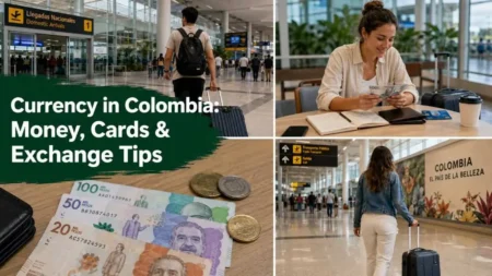 Traveler checking Colombian pesos and card at airport in Colombia