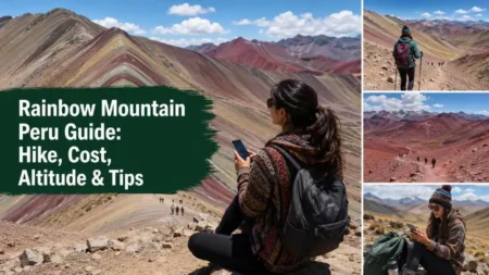 Rainbow Mountain Peru guide with traveler near colorful Andes mountains