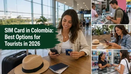 Traveler holding a phone and SIM card at a Colombia airport