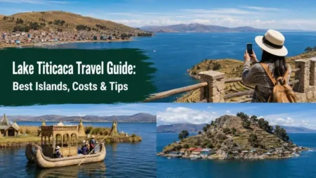 Lake Titicaca travel guide with traveler near Puno lake viewpoint