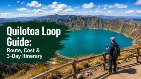 Quilotoa Loop Guide with traveler near Quilotoa crater lake