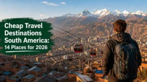 Backpacker overlooking La Paz and the Andes in Bolivia